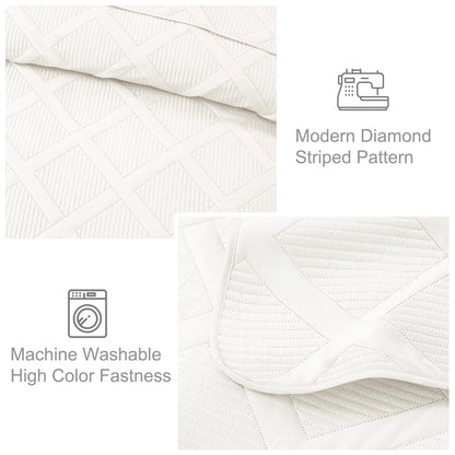 Ultrasonic King Quilt Set, 3-Piece Lightweight Bedspreads Modern Striped Coverlet, White